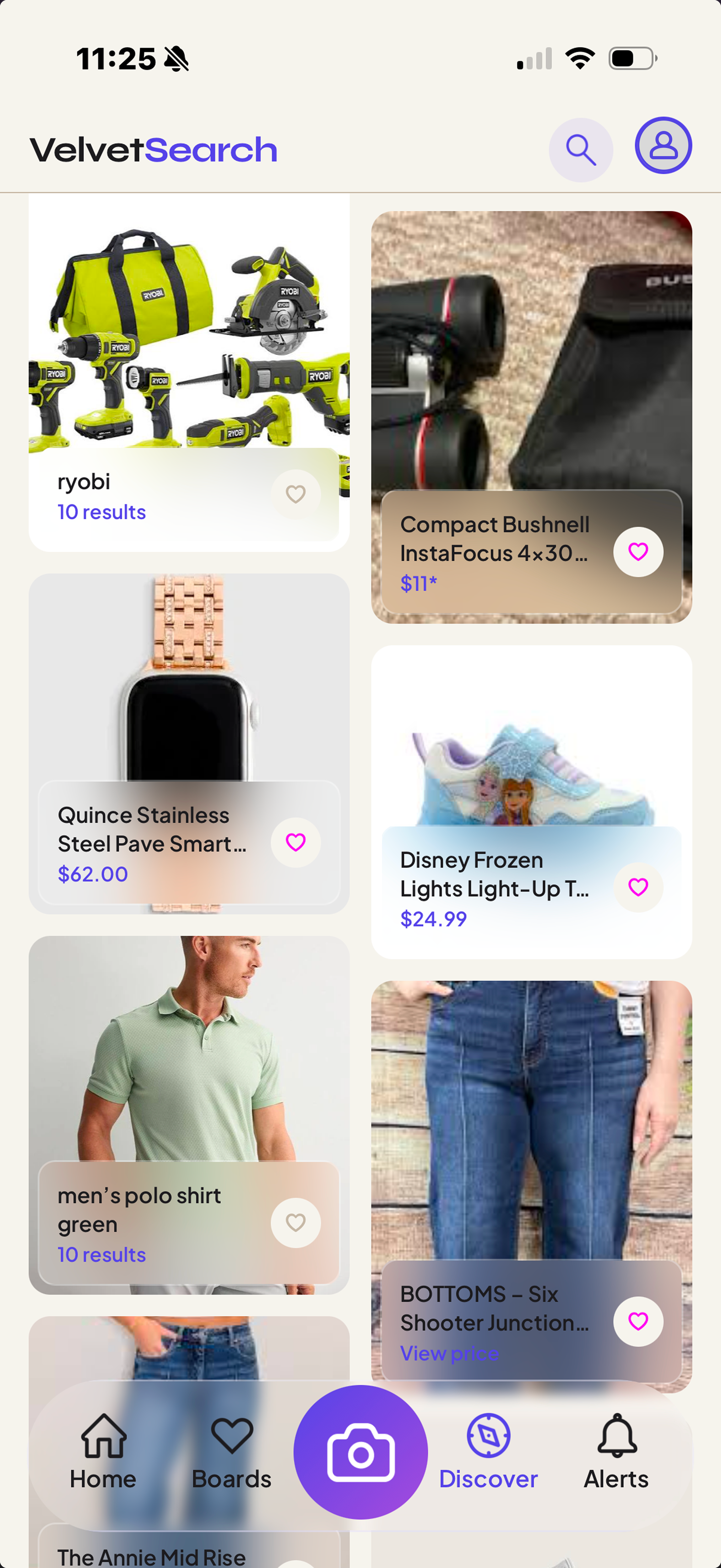 VelvetSearch Discover screen